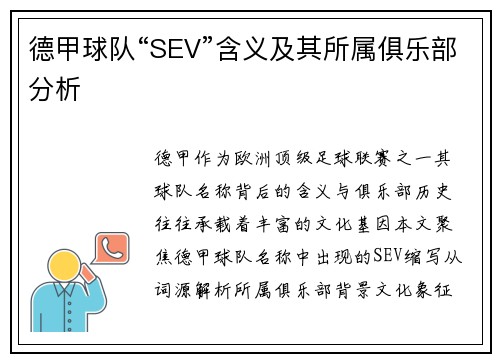 德甲球队“SEV”含义及其所属俱乐部分析