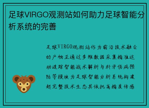 足球VIRGO观测站如何助力足球智能分析系统的完善